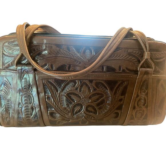 Vintage Hand Tooled Carved Brown Leather Western Purse/Satchel/Handbag - Picture 3 of 6